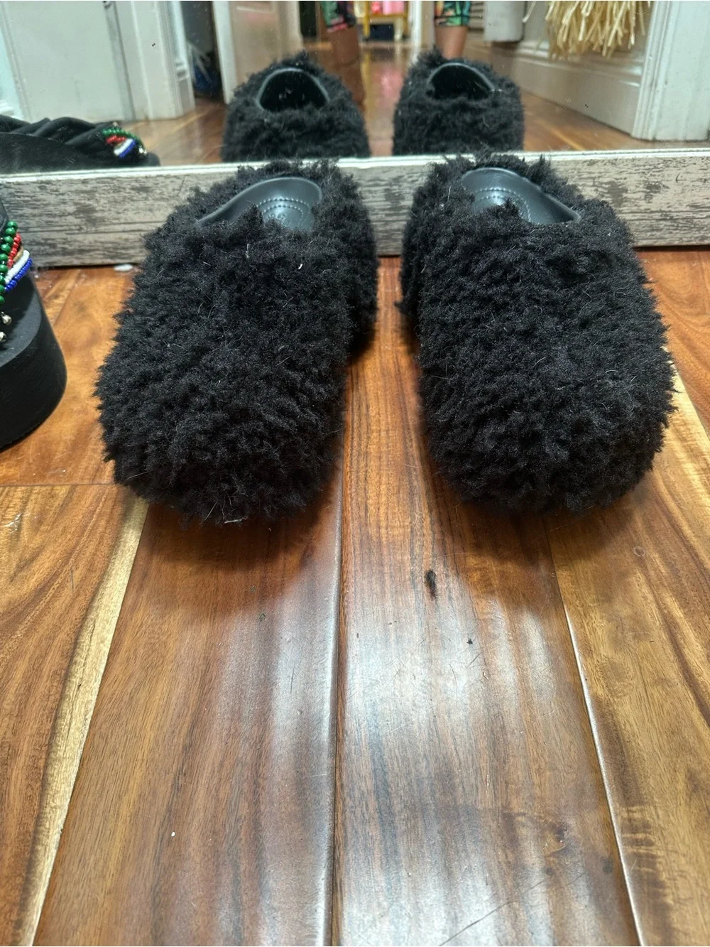 Black fluffy faux fur platform crocs 7